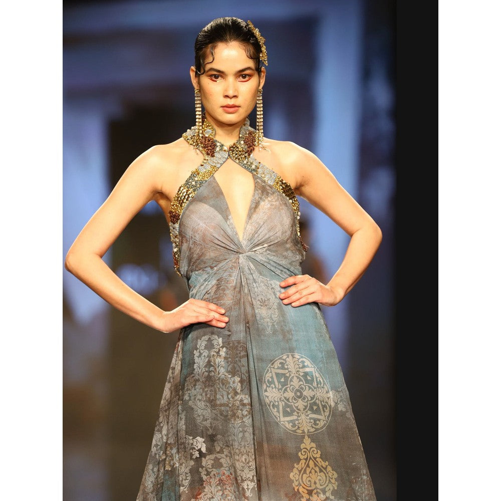 Nirmooha Grey Printed Halter Neck Maxi Dress with Trail