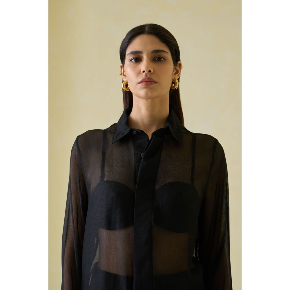 No Grey Area Black Silk-Mesh Boxy Shirt
