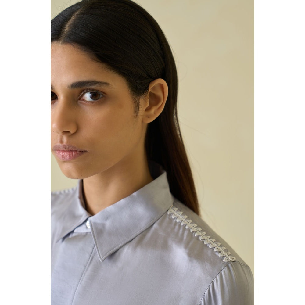No Grey Area Grey Crinkled Satin Boxy Shirt