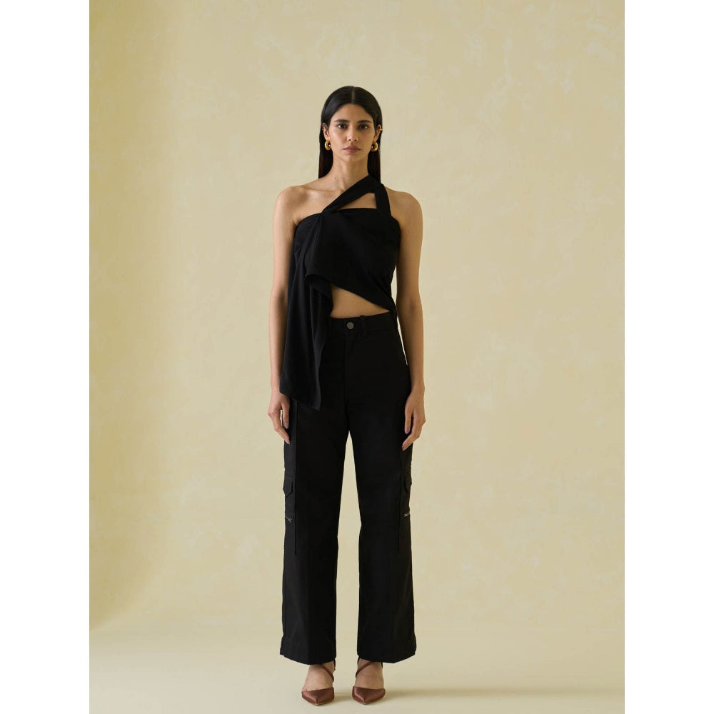 No Grey Area Black One Shoulder Draped Top