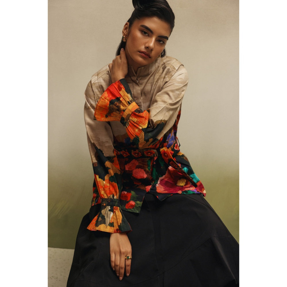 NOIB Women Beige Cotton Floral Tops