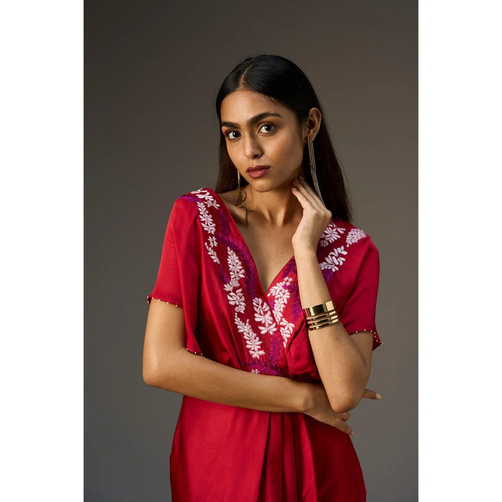 nona Red Lehr V Neck Mock Wrap Short Dress