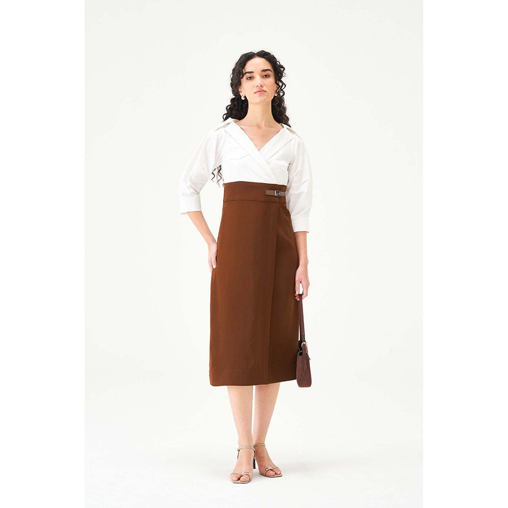 Notebook Women Brown Notched Lapel Neck Midi Dress