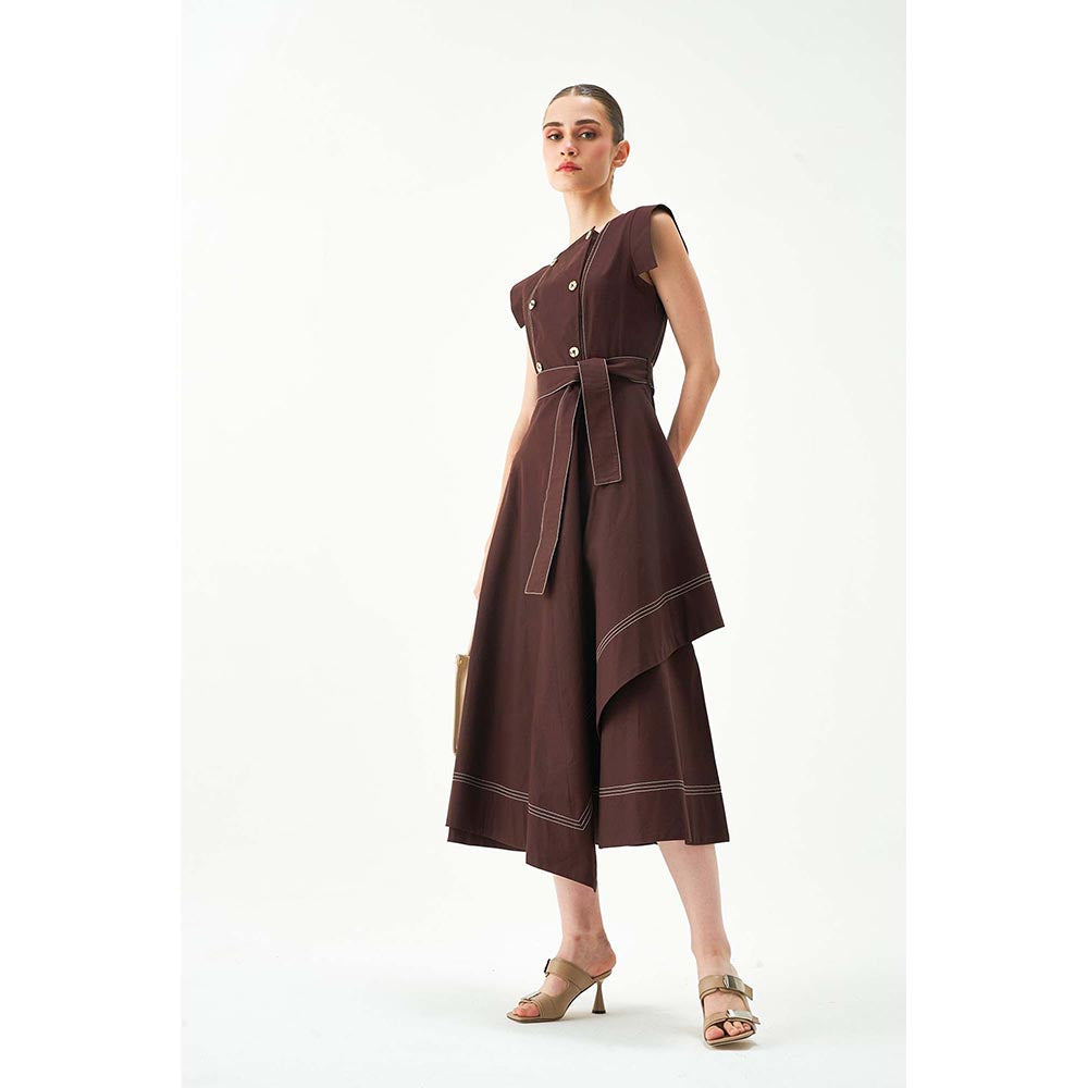 Notebook Women Brown Square Neck Cap Sleeves Midi Dress