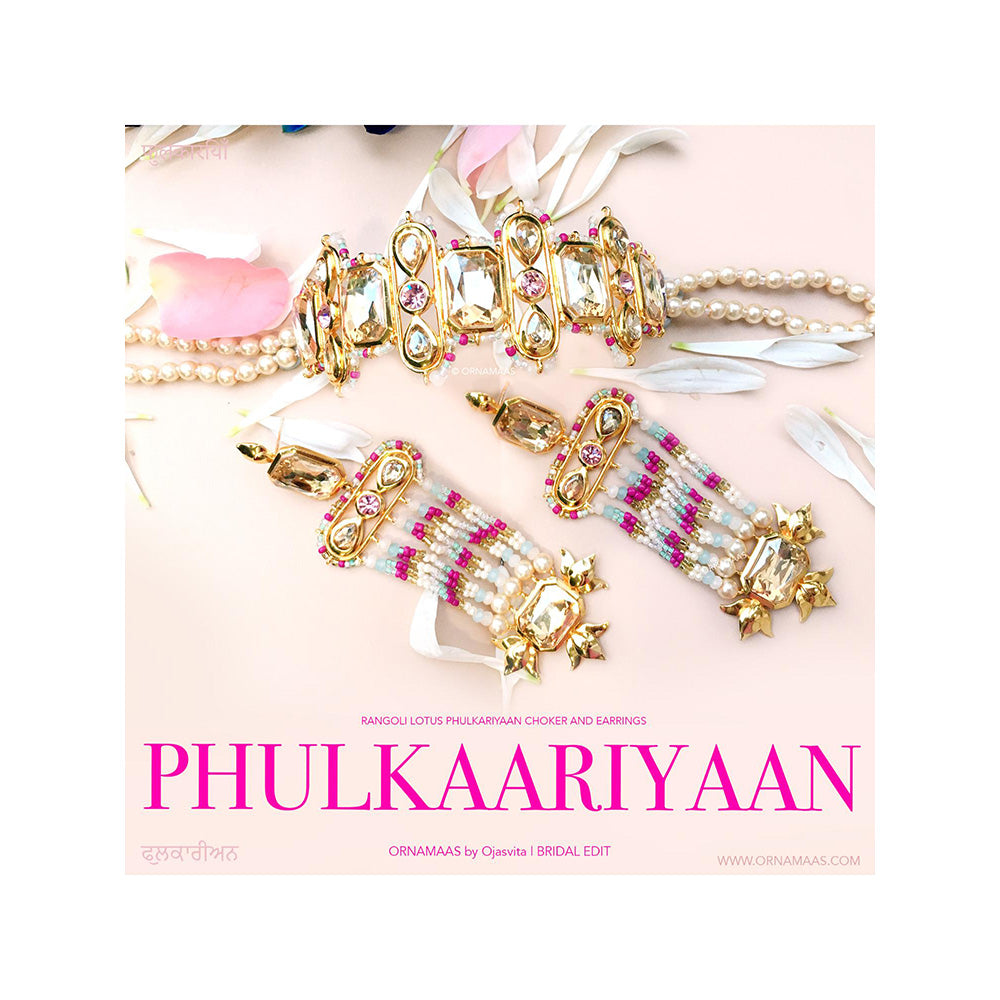 ORNAMAAS Gold Rose Quartz Jade Phulkari Choker