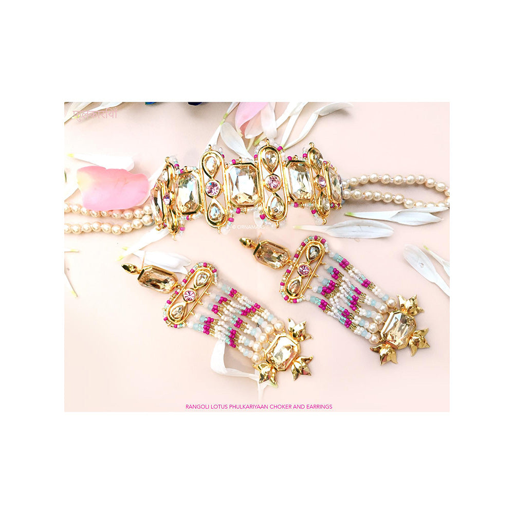 ORNAMAAS Gold Quartz Jade Phulkari Earrings