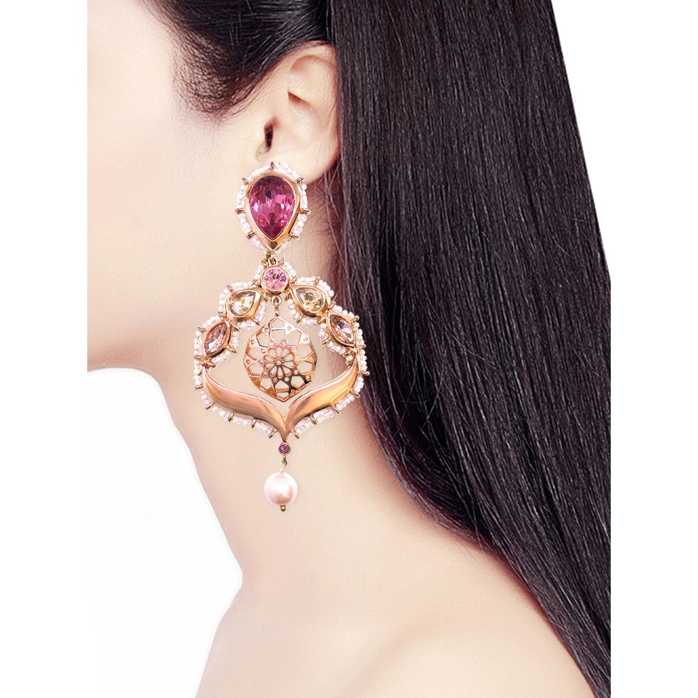 ORNAMAAS Rose Gold Gulabo Rose Opal Arabesque Chandelier Earrings
