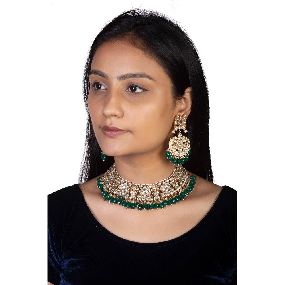 RIANA JEWELLERY White Choker Set With Green Beads (Set of 2)