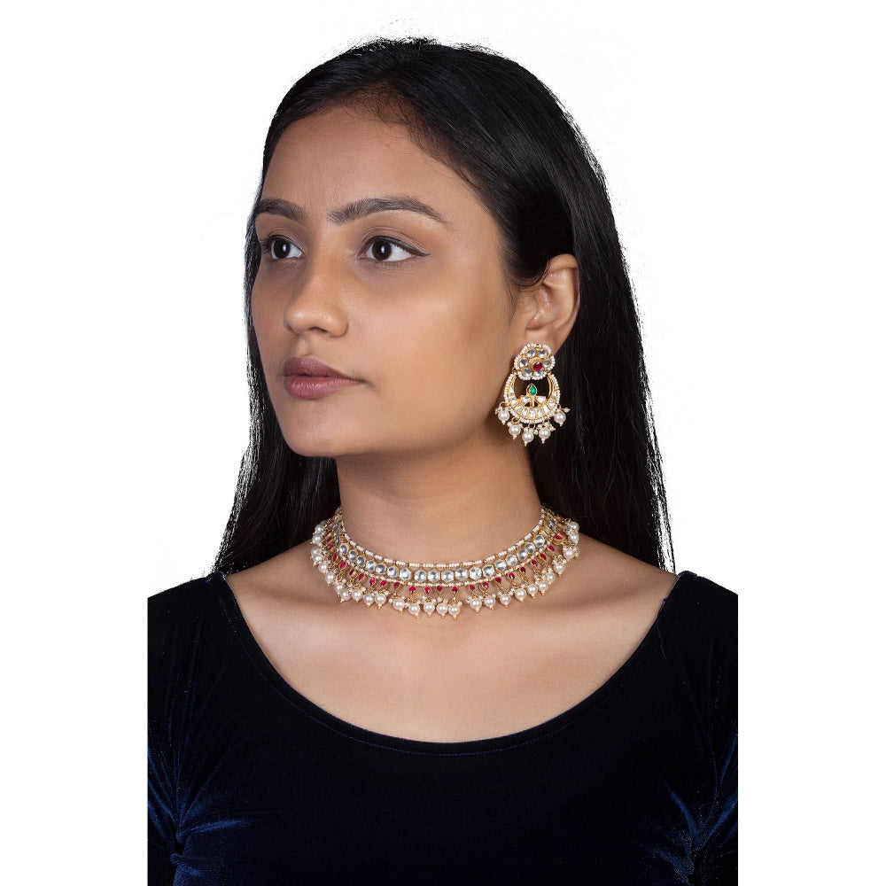RIANA JEWELLERY White and Pink Small Jadtar Stone Single Line Necklace With Pearl (Set of 2)