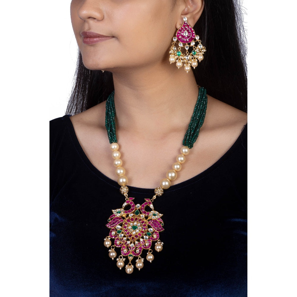 RIANA JEWELLERY Peacock Pendant With More Pink Stones (Set of 2)
