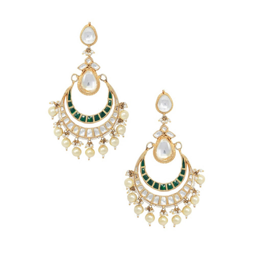 RIANA JEWELLERY Chand Baalis With Big Stones In Green and Beaded Pearl