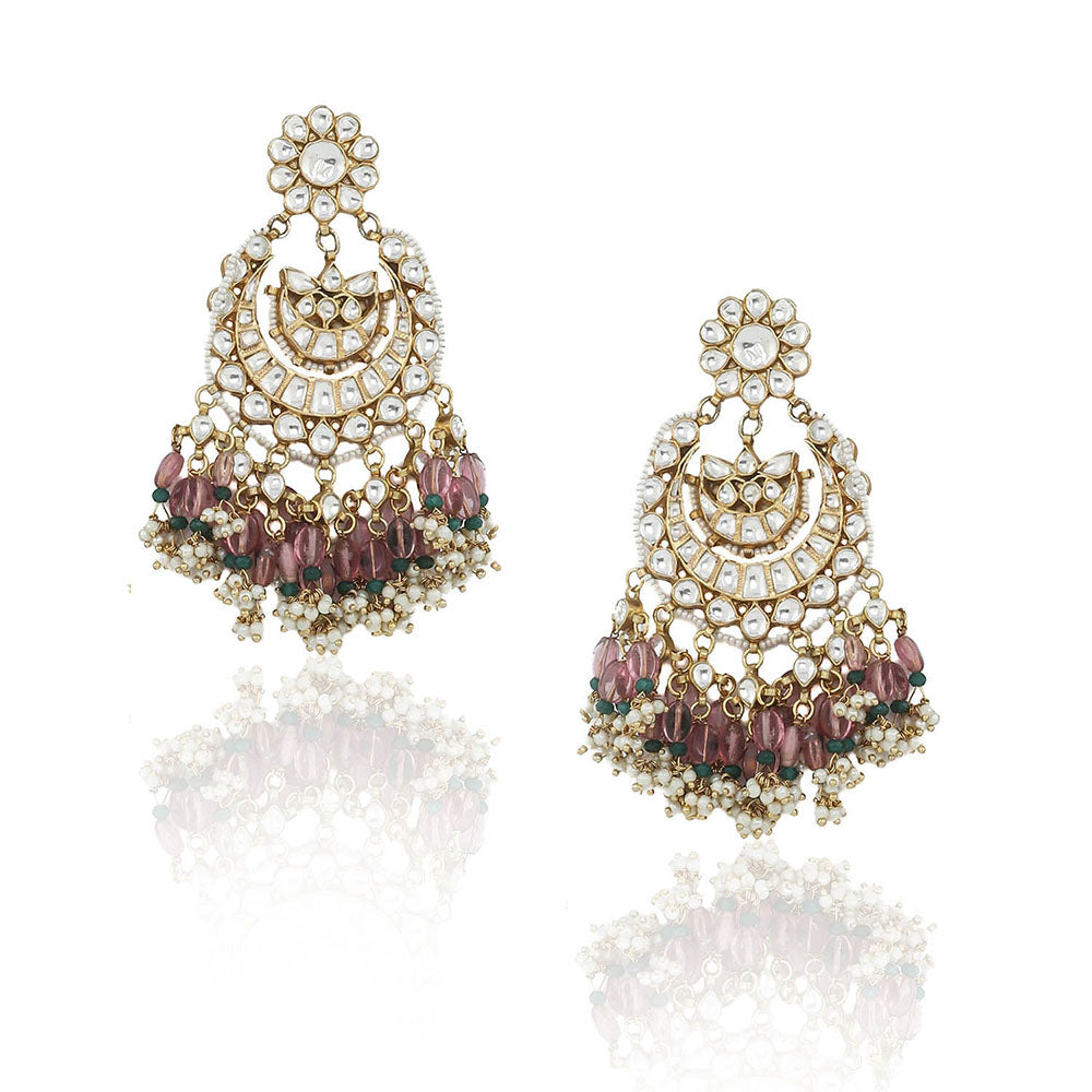 RIANA JEWELLERY White Jadtar Stone With Light Pink Beads Hangings Earrings