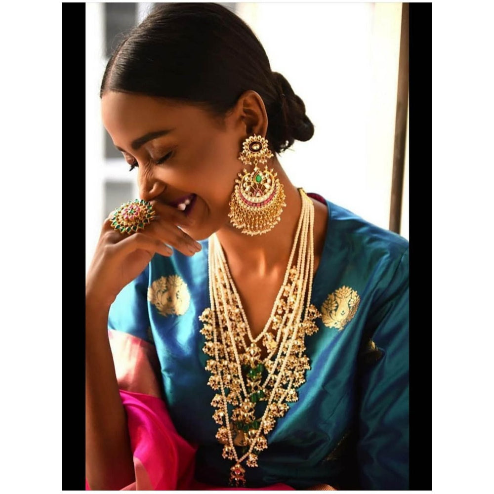RIANA JEWELLERY Brown and Pink Big Earrings With Jadtar Stone