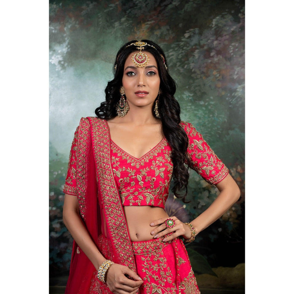 RIANA JEWELLERY Hair Band Pink Ball Tikka Green Centre Mathapatti