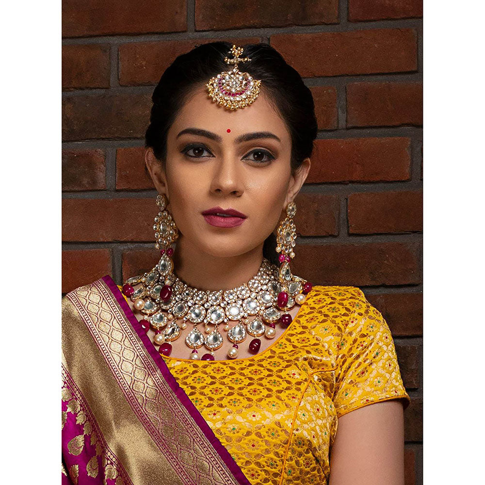 RIANA JEWELLERY White and Pink Stone Tikka With Golden Balls