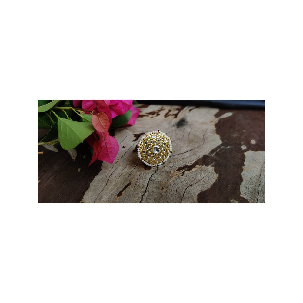 RIANA JEWELLERY Round Shaped Ring Studded White Jadtar Stone In Moti Work