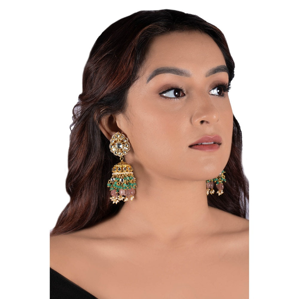 RIANA JEWELLERY White Jadtar Stone Heavy Bridal Necklace Set Pastel Pink Beads and Jhumki (Set of 2)