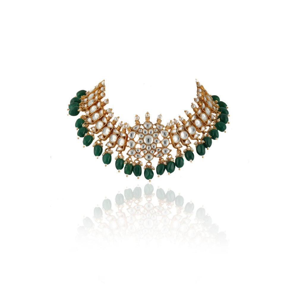 RIANA JEWELLERY White Stone Necklace Set With Green Beads (Set of 2)