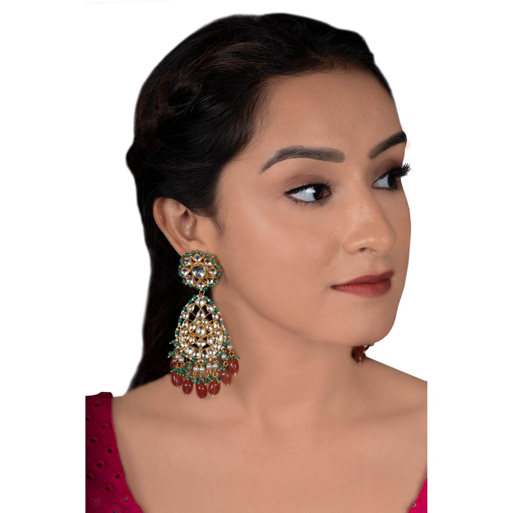 RIANA JEWELLERY White Jadtar Stone With Pastel Pink and Green Heavy Bridal Necklace Set (Set of 2)