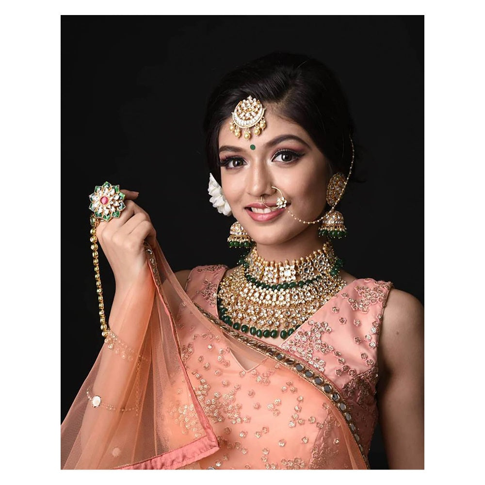 RIANA JEWELLERY White and Green Jadtar Stone 2 Line Choker With Jhumki Bridal Set (Set of 2)