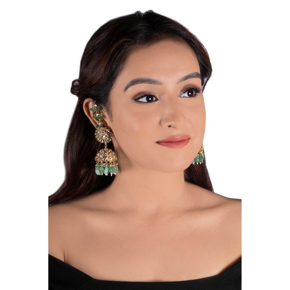 RIANA JEWELLERY White Stone Jhumki and Sea Green Beads With White Hanging Attached Ear Chain