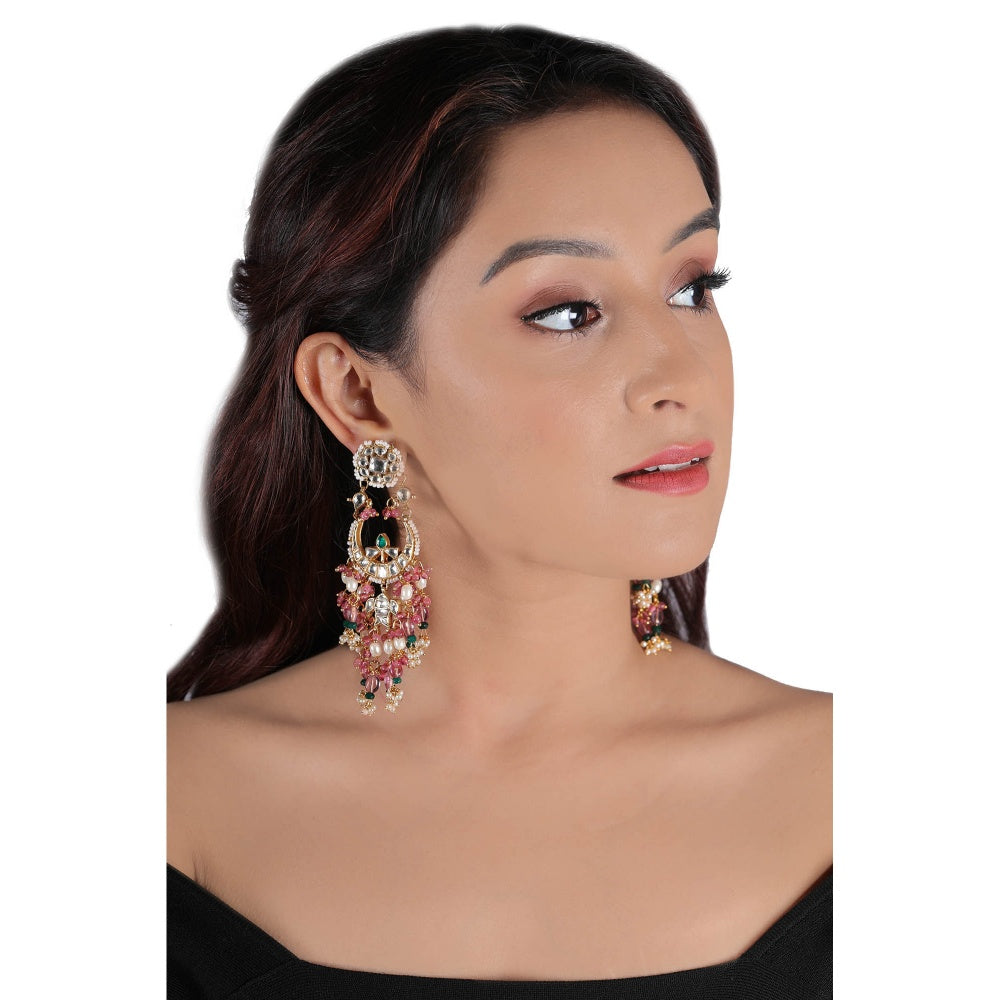 RIANA JEWELLERY Small Chand Baalis Earrings With Light Pink Beads and Small Green Beads