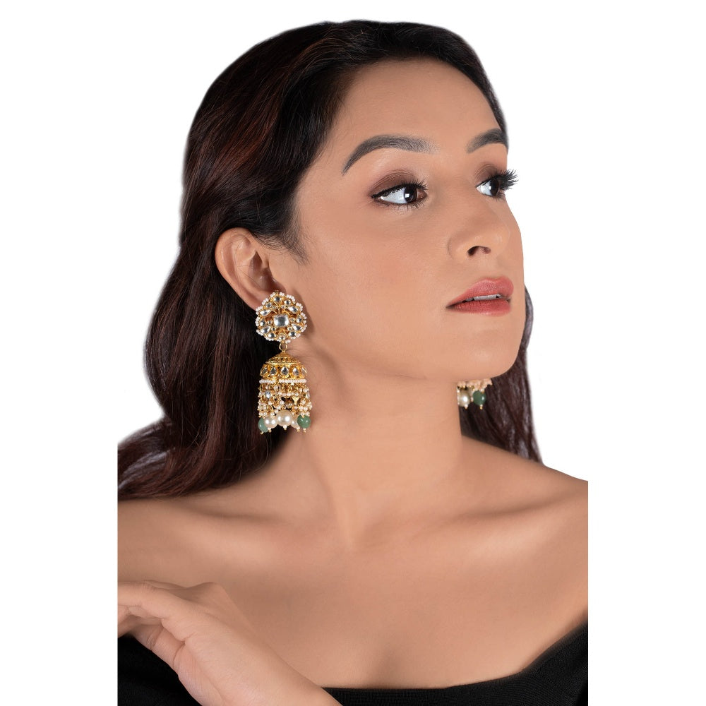 RIANA JEWELLERY White Jhumki With Pearl and Sea Green Beads