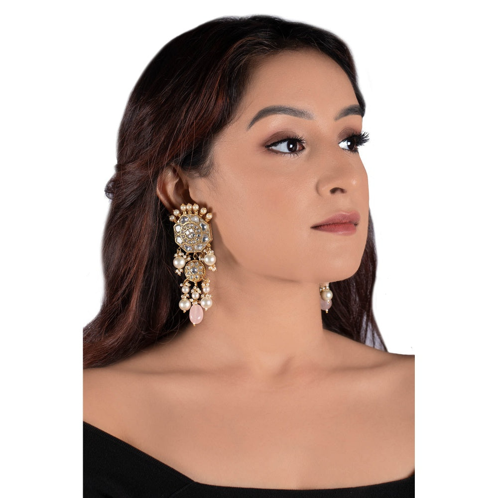 RIANA JEWELLERY White Jadtar Stone Earrings With Pearl and Light Pink Beads