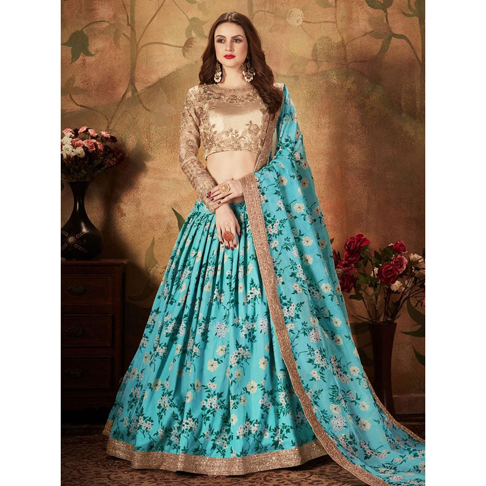 Teal Blue Semi-Stitched Lehenga & Unstitched fashion Blouse With Dupatta