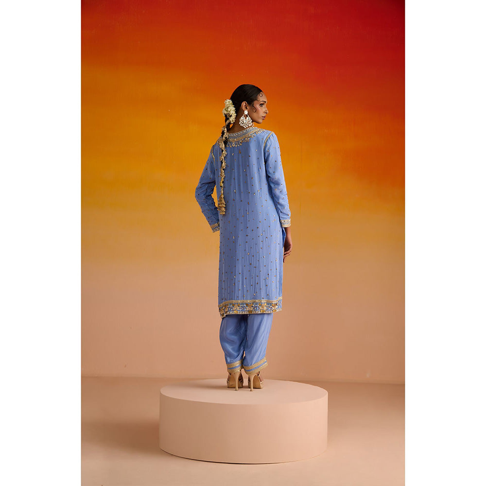 OHH CROW Blue Embroidered Crepe Kurta with Pant and Dupatta (Set of 3)