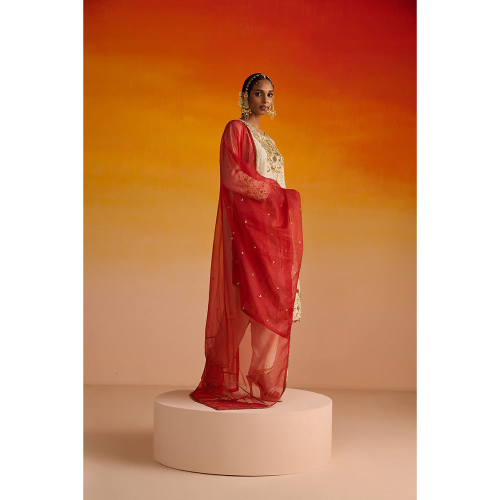 OHH CROW Beige Embroidered Opara Silk Kurta with Pant and Dupatta (Set of 3)