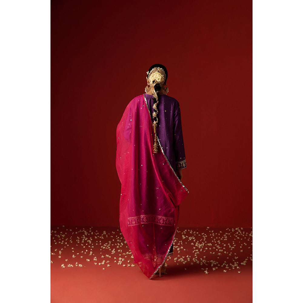 OHH CROW Purple Embroidered Raw Silk Kurta with Pant and Dupatta (Set of 3)