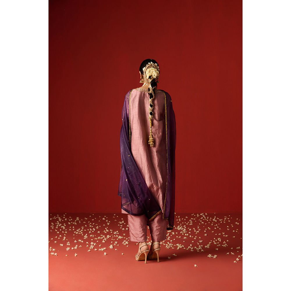 OHH CROW Pink Embroidered Raw Silk Kurta with Pant and Dupatta (Set of 3)