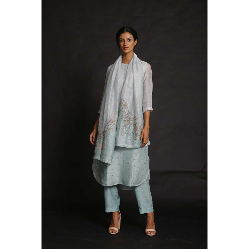 OJA Flowery Aqua Blue Kurta and Trouser with Dupatta (Set of 3)