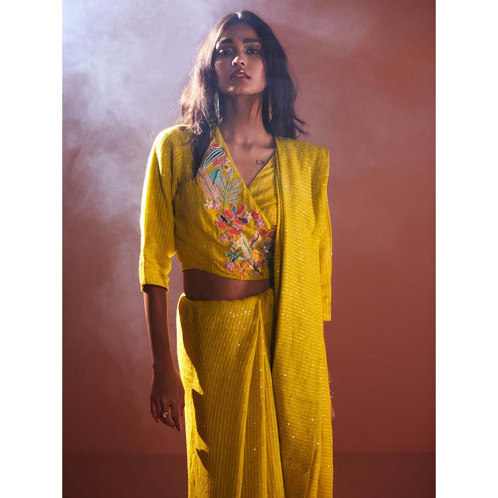 OJA Yellow Embroidered Saree with Stitched Blouse