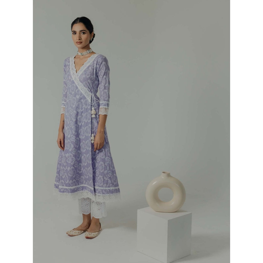 Old Marigold Naaz Lavender Cotton Floral Angarkha Kurta With Pant (Set of 2)