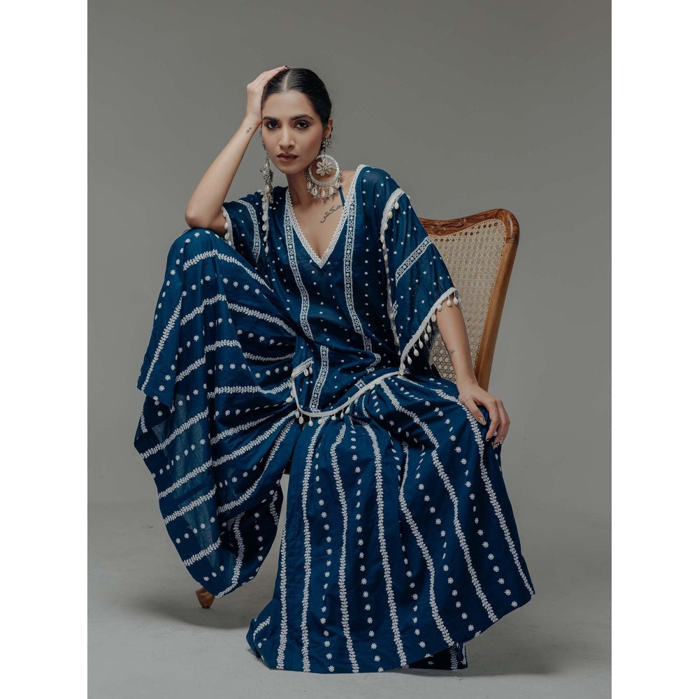 Old Marigold Saira Navy Blue Cotton Embroidered Kaftan With Sharara And Blouse (Set of 3)