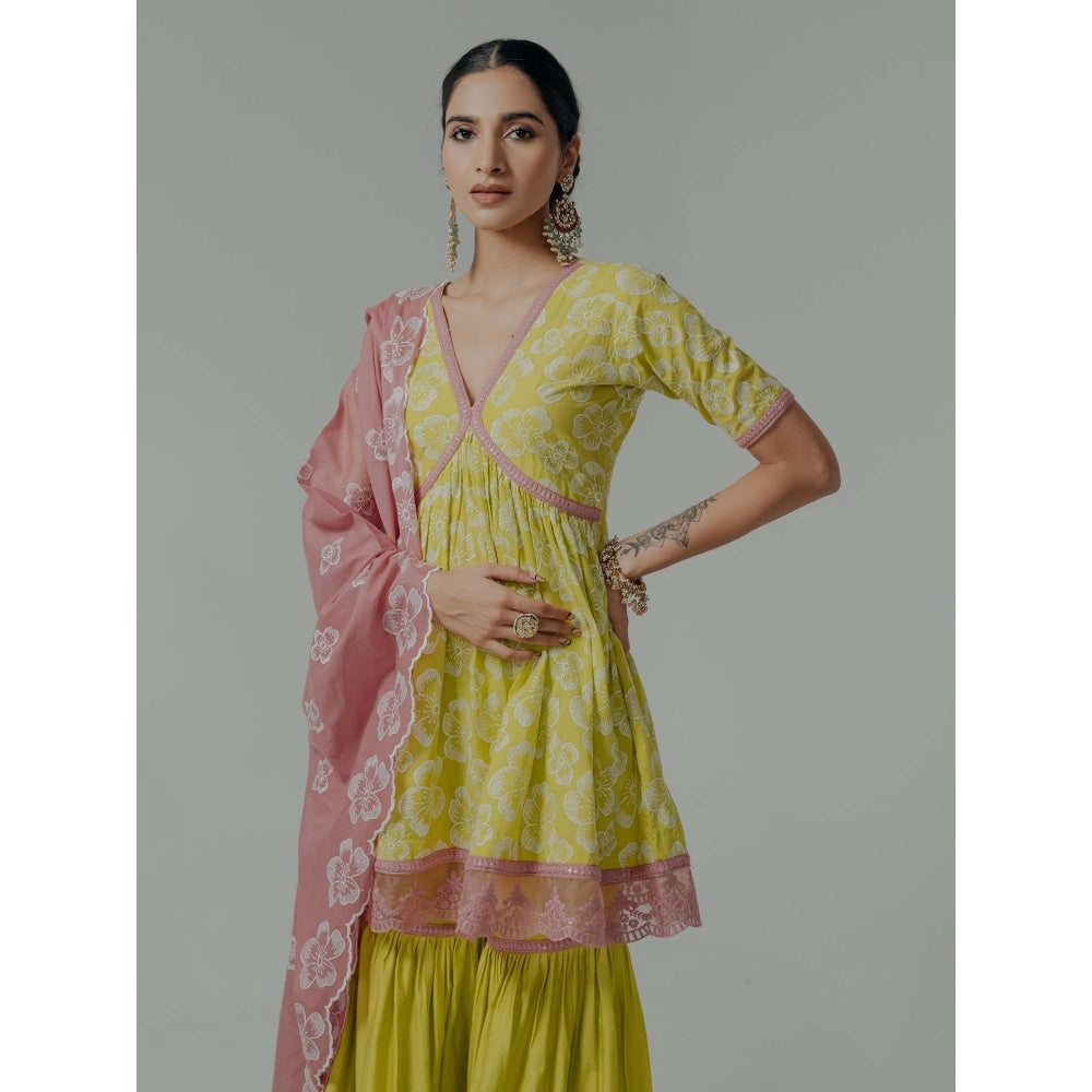 Old Marigold Shireen Yellow Cotton Floral Kurta With Sharara And Dupatta (Set of 3)