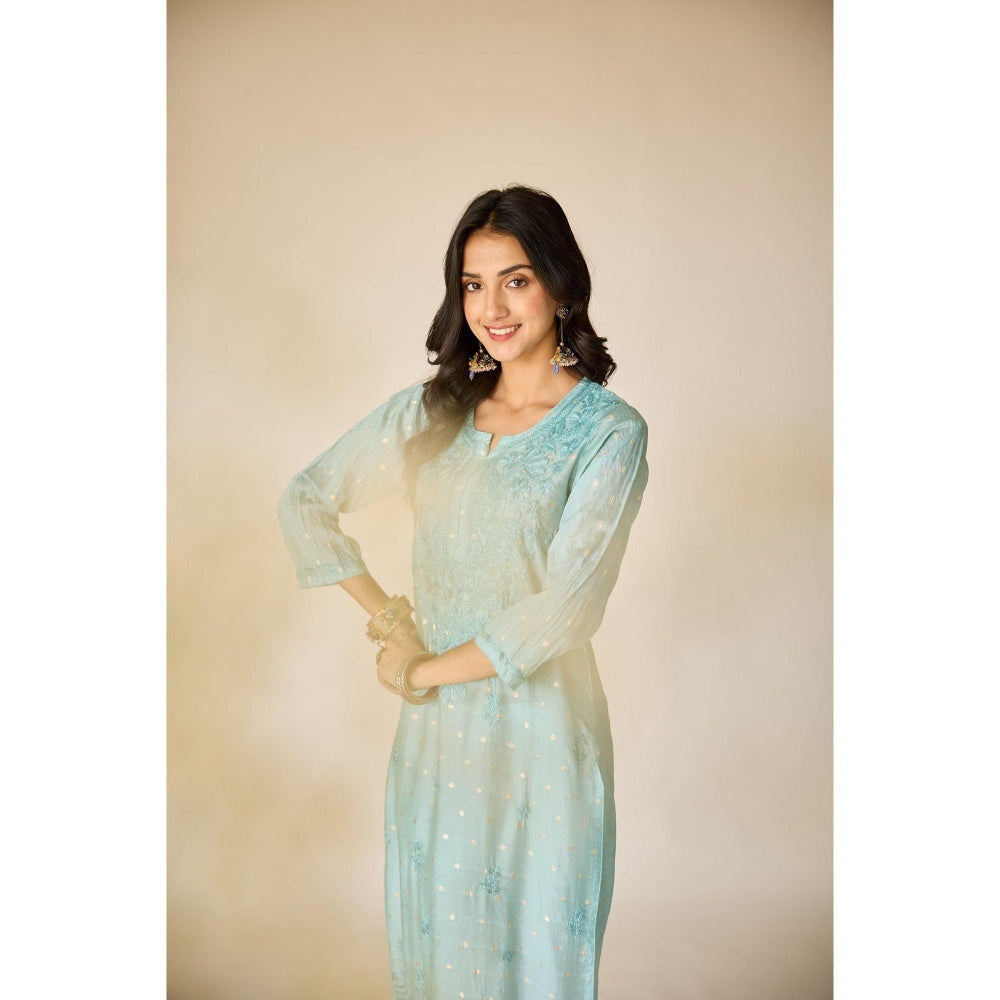 Old Marigold Wafa Turquoise Chanderi Hand Embroidered Chikankari Kurta
