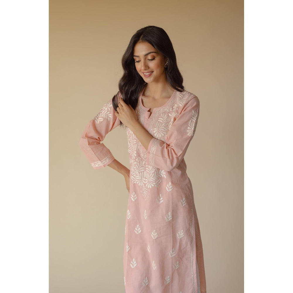 Old Marigold Gulbano Cotton Peach Hand Embroidered Chikankari Kurta