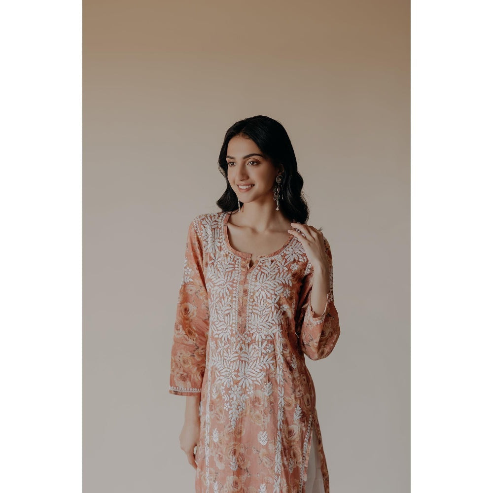 Old Marigold Lana Orange Mulmul Chikankari Printed Kurta