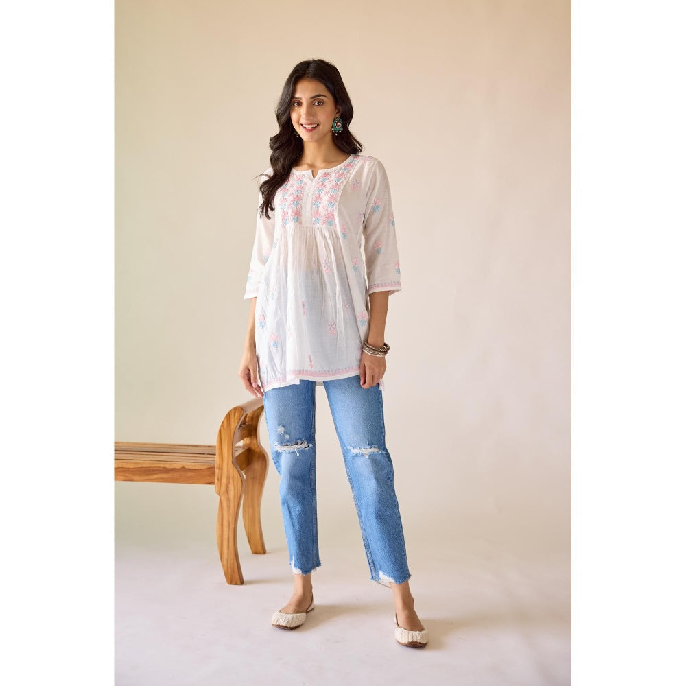 Old Marigold Anamika White Chanderi Hand Embroidered Short Chikankari Kurti