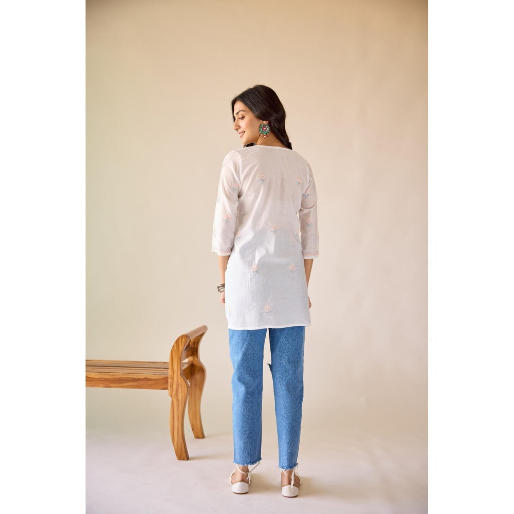 Old Marigold Deepa White Chanderi Hand Embroidered Short Chikankari Kurti
