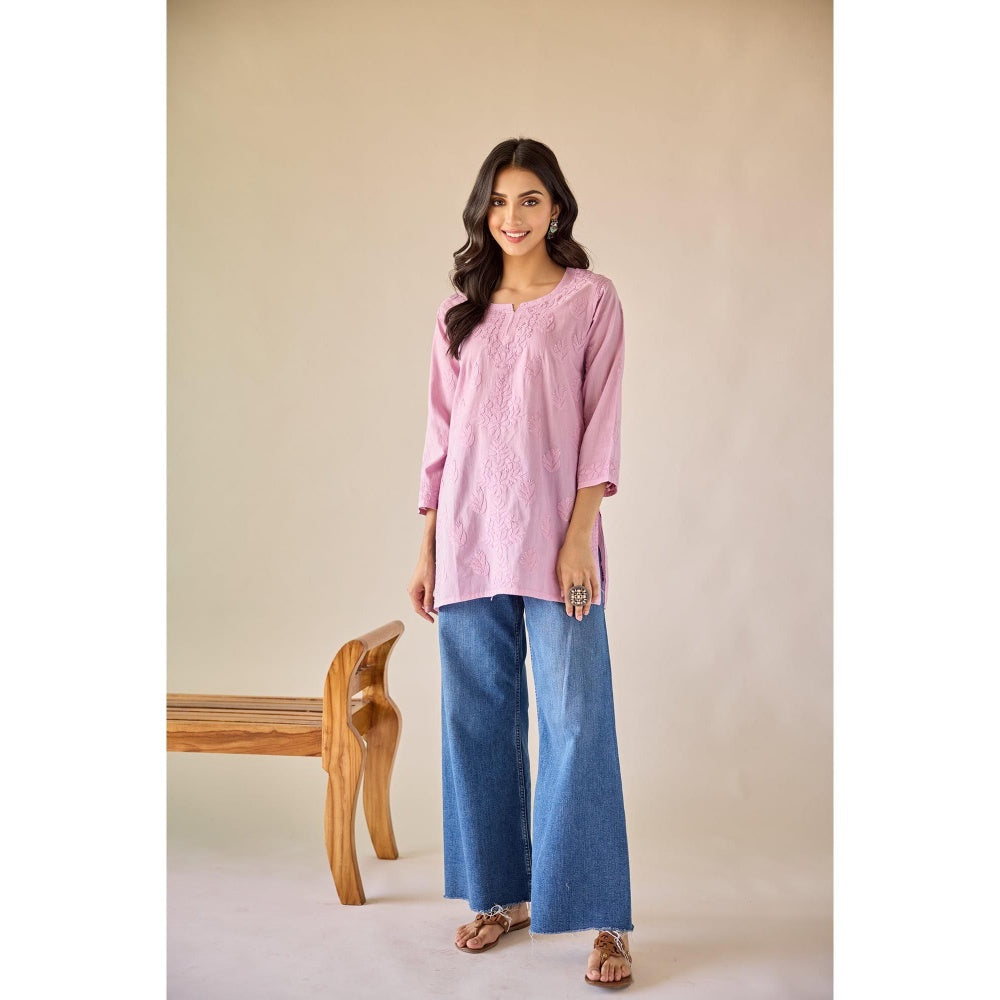 Old Marigold Sonam Pink Cotton Hand Embroidered Short Chikankari Kurti