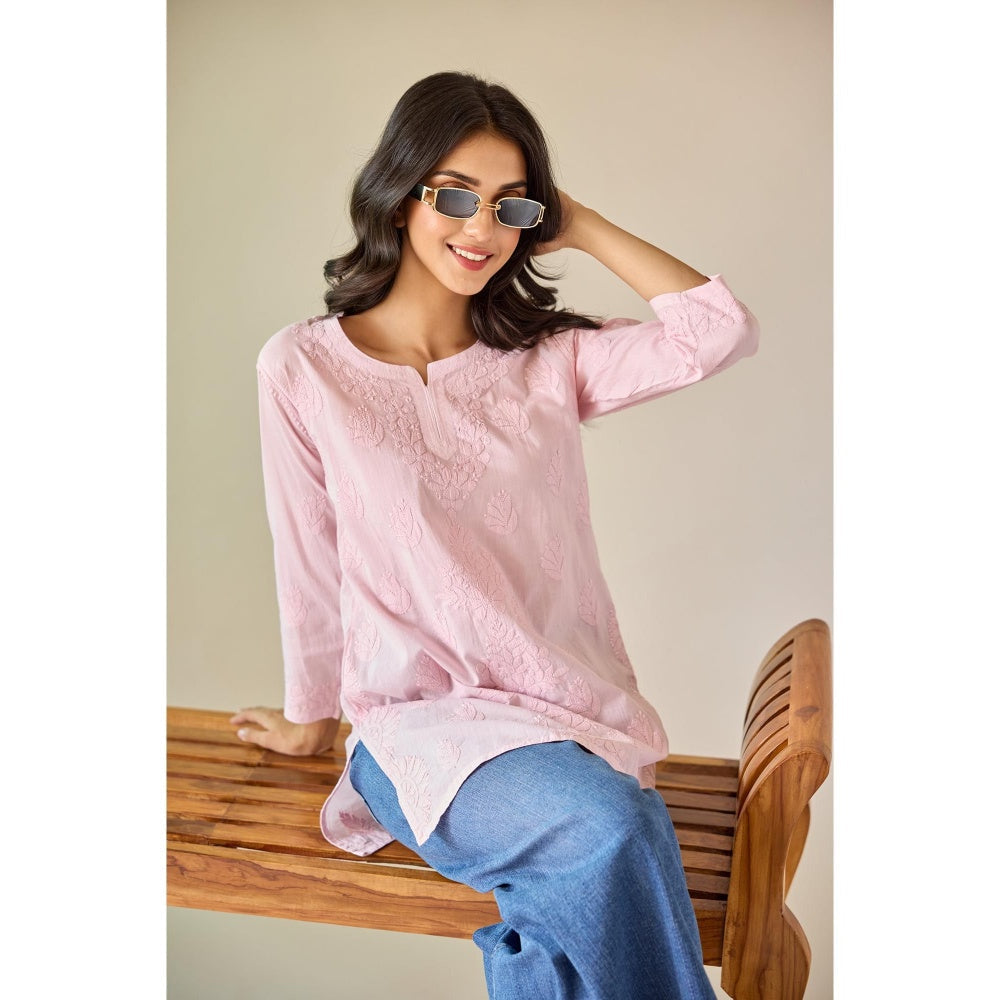Old Marigold Ekta Pink Cotton Hand Embroidered Short Chikankari Kurti