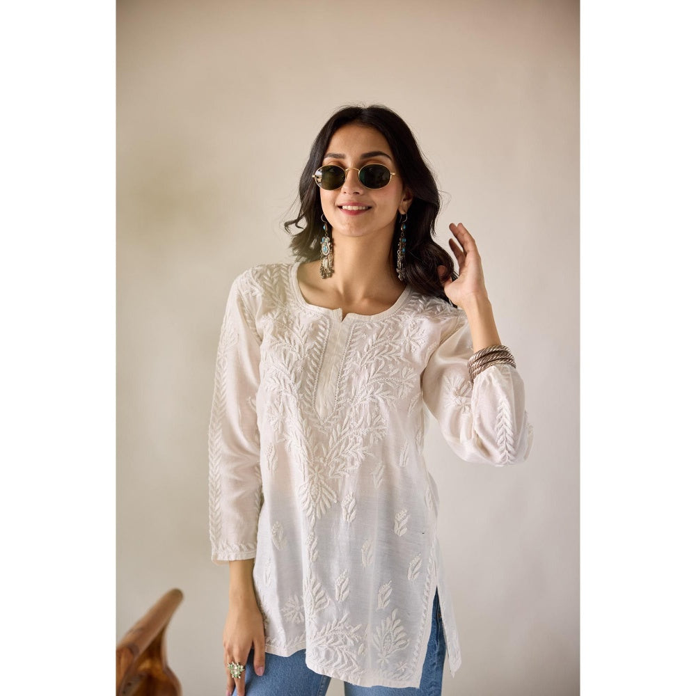 Old Marigold Sangeeta Eggshell White Chanderi Hand Embroidered Short Chikankari Kurti