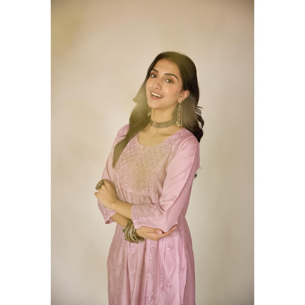 Old Marigold Rim Purple Chanderi Hand Embroidered Chikankari Kurta