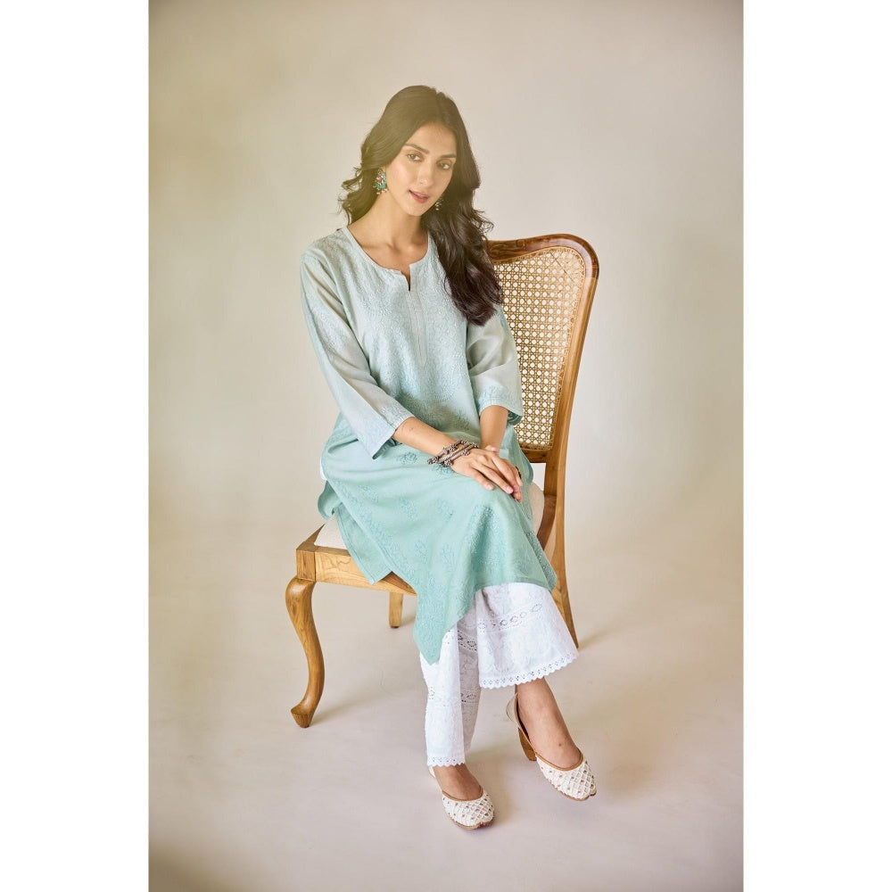 Old Marigold Basima Turquoise Ombre Chanderi Hand Embroidered Chikankari Kurta
