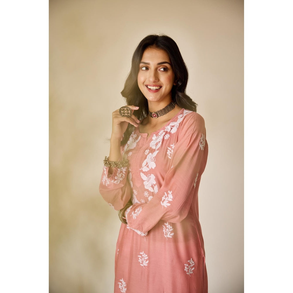 Old Marigold Sumaiya Peach Pink Muslin Hand Embroidered Chikankari Kurta