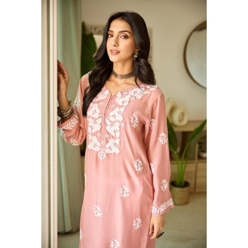 Old Marigold Crest Dusty Pink Muslin Hand Embroidered Chikankari Kurta